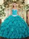 Teal Ball Gowns Sweetheart Sleeveless Organza Floor Length Lace Up Appliques and Ruffles Quinceanera Dress