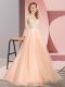 Peach A-line Tulle V-neck Sleeveless Lace Floor Length Zipper Prom Evening Gown