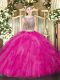 Hot Pink Two Pieces Tulle Scoop Sleeveless Beading and Ruffles Floor Length Lace Up Ball Gown Prom Dress