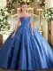 Custom Design Blue Ball Gowns Appliques and Embroidery Quinceanera Gown Lace Up Tulle Sleeveless Floor Length