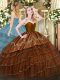 Brown Ball Gowns Sweetheart Sleeveless Organza and Taffeta Floor Length Zipper Embroidery and Ruffled Layers Sweet 16 Quinceanera Dress