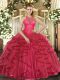 Elegant Coral Red Organza Lace Up Vestidos de Quinceanera Sleeveless Floor Length Beading and Ruffles
