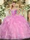 Latest Lilac Organza Lace Up Ball Gown Prom Dress Sleeveless Floor Length Beading and Ruffles