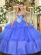 Glittering Blue Tulle Lace Up Ball Gown Prom Dress Sleeveless Floor Length Beading and Ruffled Layers