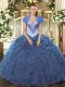 Chic Navy Blue Lace Up Quince Ball Gowns Beading and Ruffles Sleeveless Floor Length