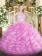 Rose Pink Two Pieces Lace and Ruffled Layers Vestidos de Quinceanera Zipper Tulle Sleeveless