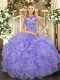 Dynamic Scoop Cap Sleeves Quinceanera Gowns Floor Length Beading and Appliques and Ruffles Lavender Organza