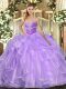 Lavender Ball Gowns Beading and Ruffles 15th Birthday Dress Lace Up Organza Sleeveless Floor Length