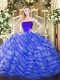 Glorious Zipper Vestidos de Quinceanera Blue for Military Ball and Sweet 16 and Quinceanera with Ruffles Brush Train