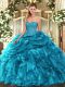 Teal Sweet 16 Dresses Military Ball and Sweet 16 and Quinceanera with Beading and Ruffles and Pick Ups Sweetheart Sleeveless Lace Up