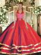 Modern Red Sleeveless Ruffled Layers Floor Length Quinceanera Dresses