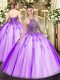 Simple Eggplant Purple Ball Gowns Beading Quince Ball Gowns Lace Up Tulle Sleeveless Floor Length