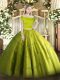 New Style Floor Length Olive Green Quinceanera Gown Off The Shoulder Short Sleeves Zipper