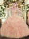Sophisticated Peach Ball Gowns Sweetheart Sleeveless Organza Floor Length Lace Up Appliques and Ruffles and Pick Ups Quinceanera Gown