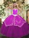 Sleeveless Floor Length Appliques and Embroidery Lace Up 15th Birthday Dress with Fuchsia