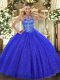Royal Blue Tulle and Sequined Lace Up Sweet 16 Dresses Sleeveless Floor Length Beading and Embroidery