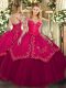 Scoop Long Sleeves Sweet 16 Dress Floor Length Lace and Embroidery Wine Red Organza and Taffeta