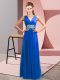 Floor Length Blue Prom Evening Gown Chiffon Sleeveless Beading and Ruching