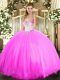 Cute Rose Pink Ball Gowns Tulle Sweetheart Sleeveless Beading Floor Length Lace Up 15 Quinceanera Dress