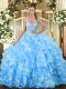 Baby Blue Sleeveless Floor Length Beading and Ruffled Layers Lace Up Quince Ball Gowns