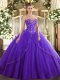 Sweetheart Sleeveless Brush Train Lace Up Ball Gown Prom Dress Purple Tulle