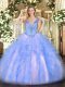 Graceful Light Blue Ball Gowns V-neck Sleeveless Organza Floor Length Lace Up Beading and Ruffles Quinceanera Dresses