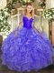 Scoop Long Sleeves Quinceanera Dress Floor Length Lace and Ruffles Lavender Organza