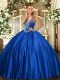 Royal Blue Ball Gowns Satin Straps Sleeveless Beading Floor Length Lace Up Quince Ball Gowns