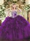 Low Price Floor Length Dark Purple Sweet 16 Dress Organza Sleeveless Beading and Ruffles