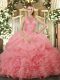 Luxury Watermelon Red Ball Gowns Halter Top Sleeveless Organza Floor Length Lace Up Beading and Ruffles and Pick Ups 15th Birthday Dress