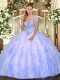 Ideal Light Blue Sleeveless Appliques and Ruffles Floor Length Ball Gown Prom Dress