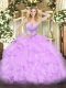 Nice Sleeveless Organza Floor Length Lace Up Sweet 16 Quinceanera Dress in Lavender with Beading and Ruffles