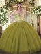 Fantastic Sleeveless Tulle and Sequined Floor Length Lace Up 15th Birthday Dress in Olive Green with Beading