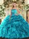 Hot Selling Teal Sleeveless Floor Length Ruffles and Pick Ups Lace Up Vestidos de Quinceanera