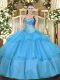 Gorgeous Aqua Blue Lace Up Sweetheart Beading and Ruffled Layers Ball Gown Prom Dress Tulle Sleeveless