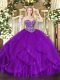 Flirting Floor Length Lace Up Sweet 16 Dress Eggplant Purple for Military Ball and Sweet 16 and Quinceanera with Ruffles