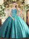 Teal Ball Gowns Beading and Appliques 15 Quinceanera Dress Lace Up Tulle Sleeveless Floor Length