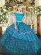 Comfortable Embroidery and Ruffled Layers Quinceanera Dresses Teal Zipper Short Sleeves Floor Length