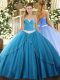 Perfect Lace Up Ball Gown Prom Dress Baby Blue for Military Ball and Sweet 16 and Quinceanera with Appliques Brush Train