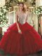 Wine Red Tulle Lace Up 15th Birthday Dress Sleeveless Floor Length Beading and Ruffles