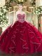 Sleeveless Tulle Floor Length Lace Up Quinceanera Dress in Wine Red with Beading and Ruffles