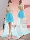 Aqua Blue Sleeveless Tulle Sweep Train Lace Up Prom Dress for Prom and Party