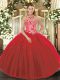 Luxurious Red Ball Gowns Halter Top Sleeveless Tulle Floor Length Lace Up Embroidery 15 Quinceanera Dress