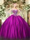 Fuchsia Ball Gowns Beading Sweet 16 Quinceanera Dress Lace Up Satin Sleeveless Floor Length