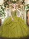 Wonderful V-neck Sleeveless Lace Up Quinceanera Dresses Olive Green Tulle