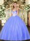 Blue Ball Gowns Tulle Sweetheart Sleeveless Beading Floor Length Lace Up Sweet 16 Quinceanera Dress