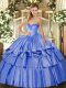 Sleeveless Floor Length Beading and Ruffled Layers Lace Up Sweet 16 Dress with Blue