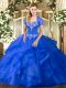 Floor Length Lace Up 15 Quinceanera Dress Blue for Military Ball and Sweet 16 and Quinceanera with Beading and Ruffles