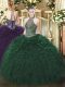 Adorable Taffeta Halter Top Sleeveless Lace Up Beading and Ruffles Sweet 16 Dress in Dark Green