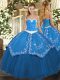 High End Blue Sleeveless Floor Length Appliques and Embroidery Lace Up Quinceanera Dresses